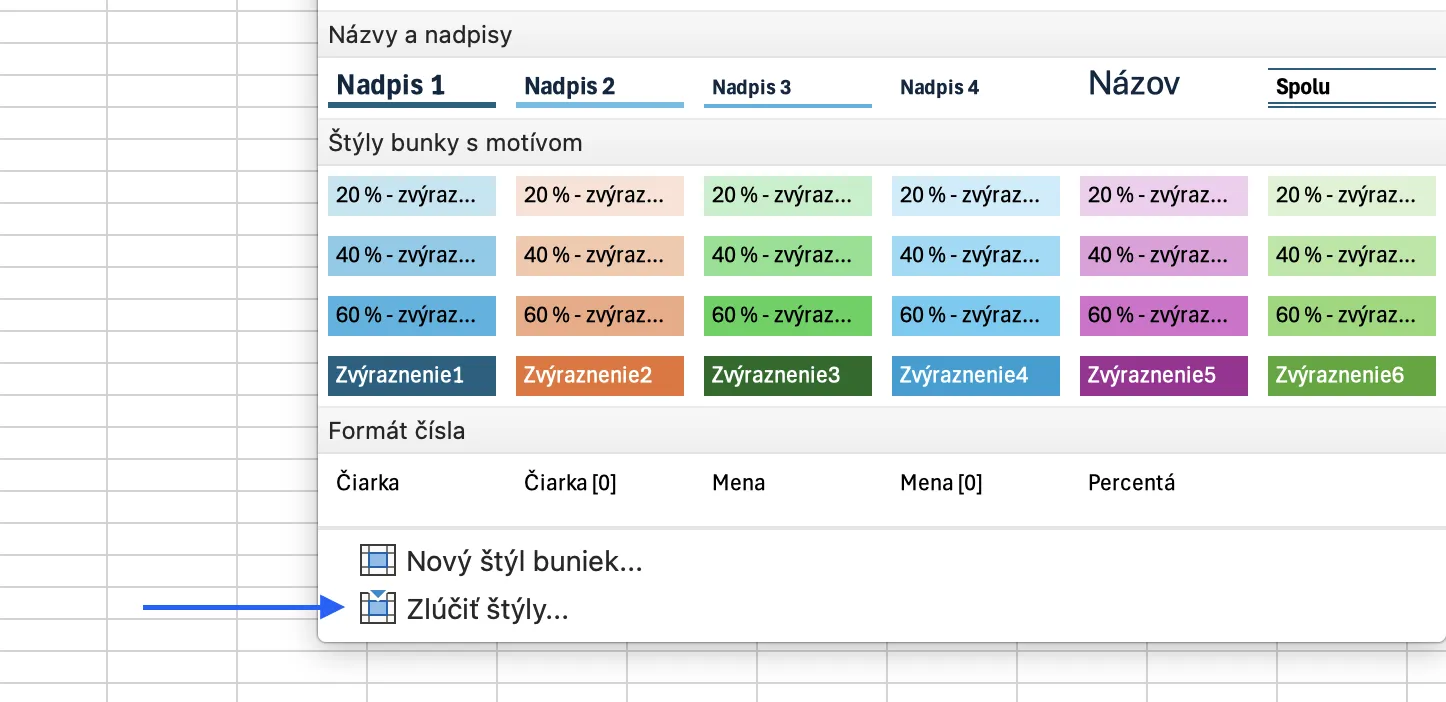 Možnosť Zlúčiť štýly v dolnej časti galérie štýlov buniek v Exceli