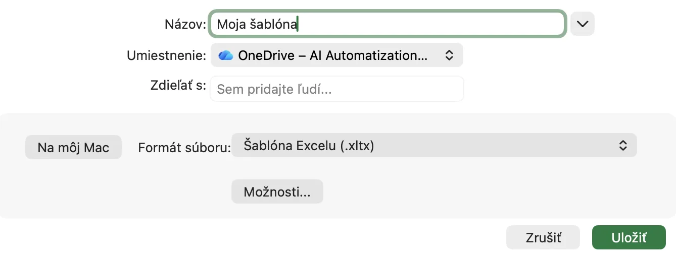 Uloženie súboru ako šablóny Excelu v dialógovom okne Uložiť ako